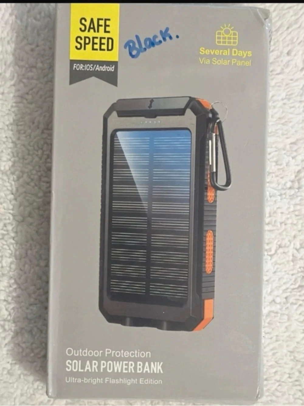 Solar Power Bank 20000 mAh with Flashlight, Dual USB, Waterproof – Black NWT